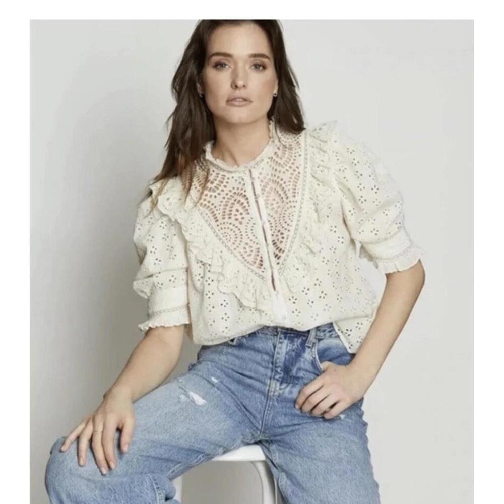 House of Harlow 1960 Eyelet Ruffle Blouse Embroidered Shirt Top Cream Sz Large